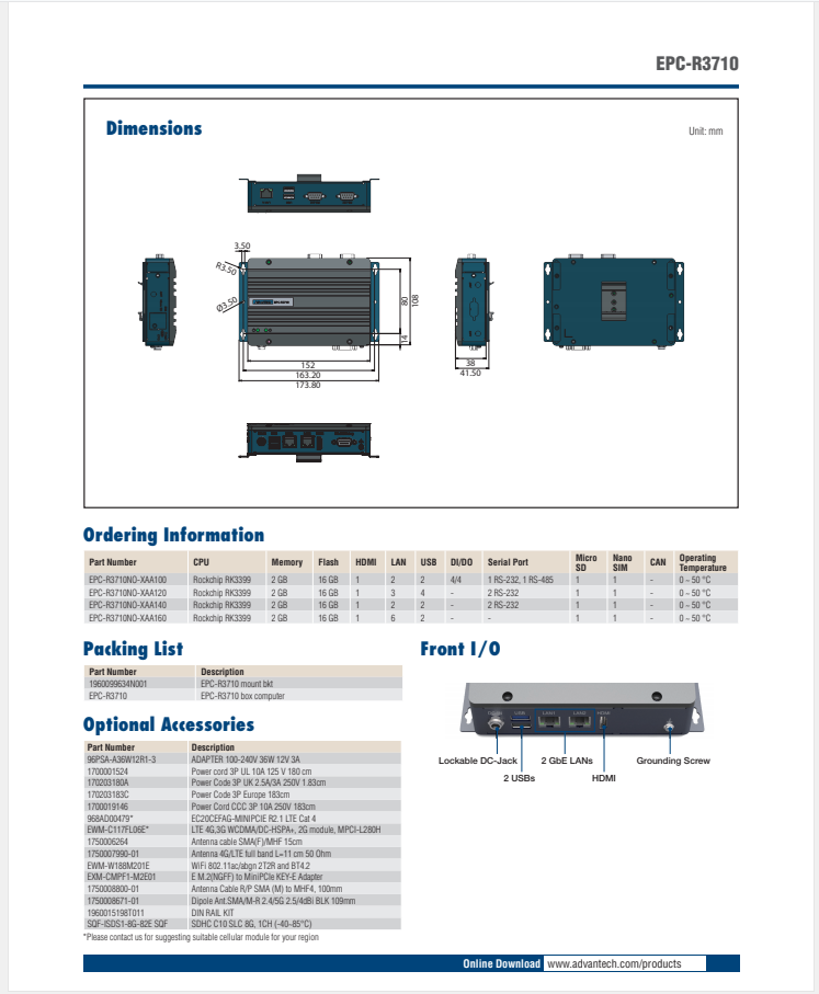 研華EPC-R3710 Rockchip RK3399 Cortex-A72 UIO40-Express Edge AI 工控整機(jī)， 4K display， 2xLan，