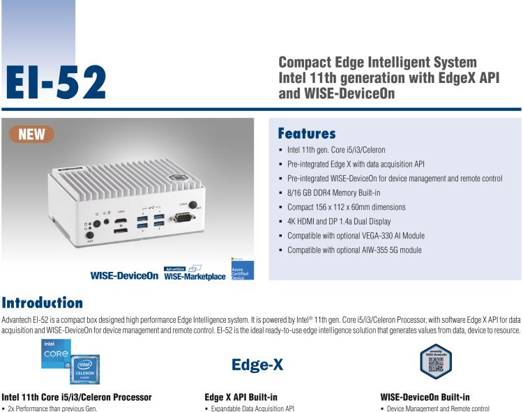 研華EI-52 研華EI-52，邊緣計(jì)算系統(tǒng)，支持 Intel 11th gen CPU，可選 Core i5 /i3 /Celeron 處理器，具備豐富擴(kuò)展接口 2 x LAN，2 x COM，6 x USB等，內(nèi)部可以通過(guò) miniPCIe 或 M.2 擴(kuò)展AI加速卡實(shí)現(xiàn)工業(yè)AI機(jī)器視覺(jué)，搭載5G通訊模塊。