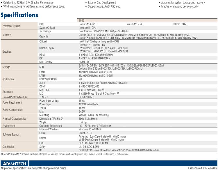 研華EI-52 研華EI-52，邊緣計(jì)算系統(tǒng)，支持 Intel 11th gen CPU，可選 Core i5 /i3 /Celeron 處理器，具備豐富擴(kuò)展接口 2 x LAN，2 x COM，6 x USB等，內(nèi)部可以通過(guò) miniPCIe 或 M.2 擴(kuò)展AI加速卡實(shí)現(xiàn)工業(yè)AI機(jī)器視覺(jué)，搭載5G通訊模塊。