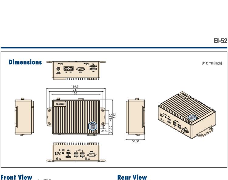 研華EI-52 研華EI-52，邊緣計(jì)算系統(tǒng)，支持 Intel 11th gen CPU，可選 Core i5 /i3 /Celeron 處理器，具備豐富擴(kuò)展接口 2 x LAN，2 x COM，6 x USB等，內(nèi)部可以通過(guò) miniPCIe 或 M.2 擴(kuò)展AI加速卡實(shí)現(xiàn)工業(yè)AI機(jī)器視覺(jué)，搭載5G通訊模塊。