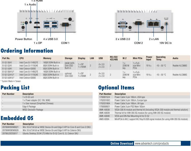 研華EI-52 研華EI-52，邊緣計(jì)算系統(tǒng)，支持 Intel 11th gen CPU，可選 Core i5 /i3 /Celeron 處理器，具備豐富擴(kuò)展接口 2 x LAN，2 x COM，6 x USB等，內(nèi)部可以通過(guò) miniPCIe 或 M.2 擴(kuò)展AI加速卡實(shí)現(xiàn)工業(yè)AI機(jī)器視覺(jué)，搭載5G通訊模塊。