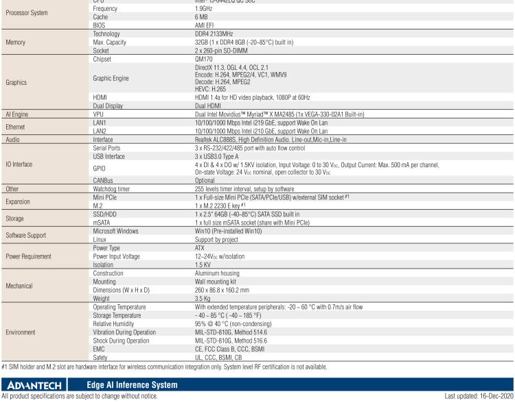 研華AIR-200 基于Intel Core i5-6442EQ處理器，AI計算平臺，內(nèi)置Myriad X VPU * 2