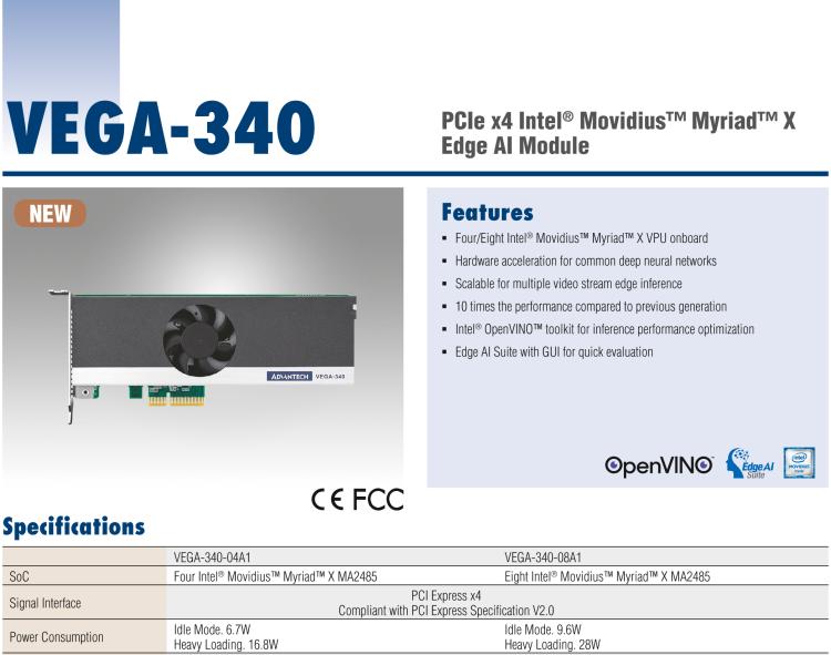 研華VEGA-340 基于Intel Movidius? Myriad? X VPU，PCIe x4 Edge AI 模塊，VPU*4 or VPU*8