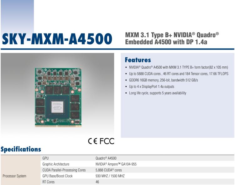 研華SKY-MXM-A4500 MXM 3.1 Type B+ NVIDIA? Quadro? Embedded A4500 with DP 1.4a