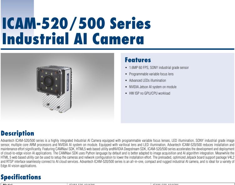 研華ICAM-520 ICAM-520 is the Industrial AI Camera equipped with NVIDIA Jetson Xavier NX computing module and SONY industrial grade image sensor.