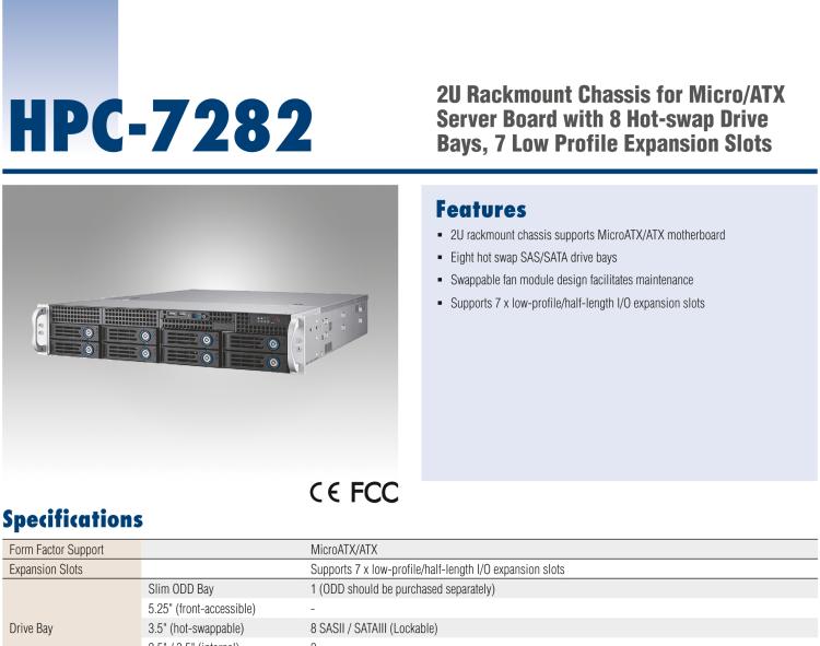 研華HPC-7282 2U 機(jī)架式機(jī)箱，適用于 Micro/ATX 服務(wù)器主板，支持8個(gè)2.5寸/3.5寸熱插拔硬盤，7個(gè)半高擴(kuò)展槽