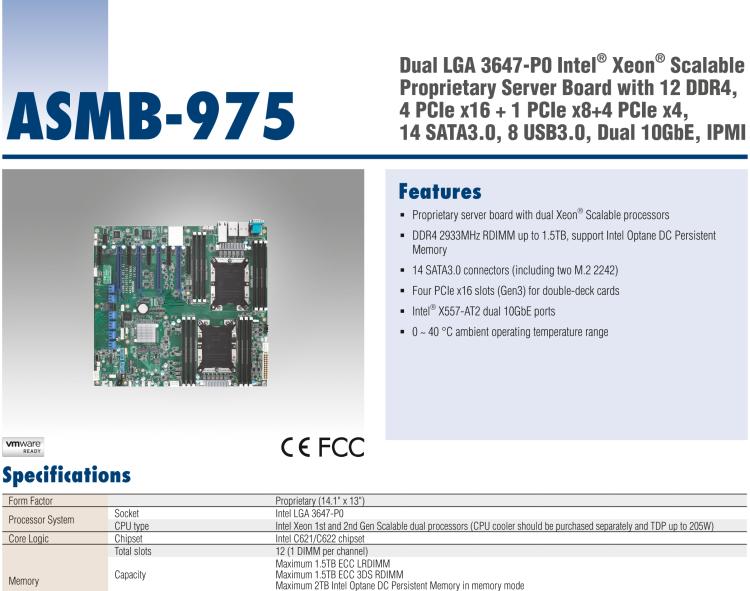 研華ASMB-975 雙路LGA3647-P0 Intel? Xeon? Scalable 服務(wù)器主板，帶12個(gè) DDR4, 4個(gè) PCIe x16 + 1個(gè) PCIe x8 + 4 個(gè)PCIx4, 14 個(gè) SATA3, 8 個(gè)USB3.0, Dual 10GbE, IPMI