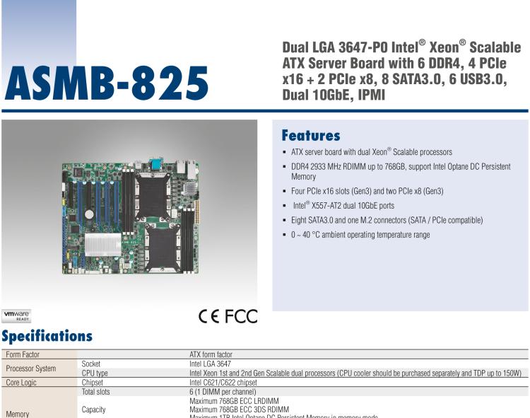 研華ASMB-825 雙路LGA 3647-P0 Intel? Xeon? Scalable ATX 服務(wù)器主板，帶6 個(gè)DDR4, 4 PCIe x16 和 2 個(gè) PCIe x8, 8 個(gè)SATA3, 6 個(gè)USB3.0, Dual 10GbE, IPMI