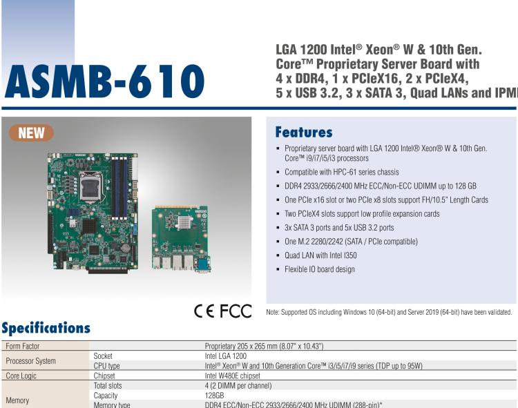 研華ASMB-610 LGA 1200 Intel? Xeon? W & 第十代 Core?專用服務(wù)器主板，帶4 x DDR4, 1 x PCIeX16, 2 x PCIeX4, 5 x USB 3.2, 3 x SATA 3, Quad LANs and和 IPMI