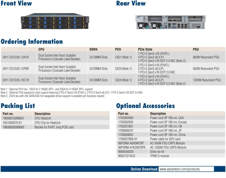 研華SKY-7221 2U High Performance Rackmount Server with Intel Xeon Scalable Processor Family