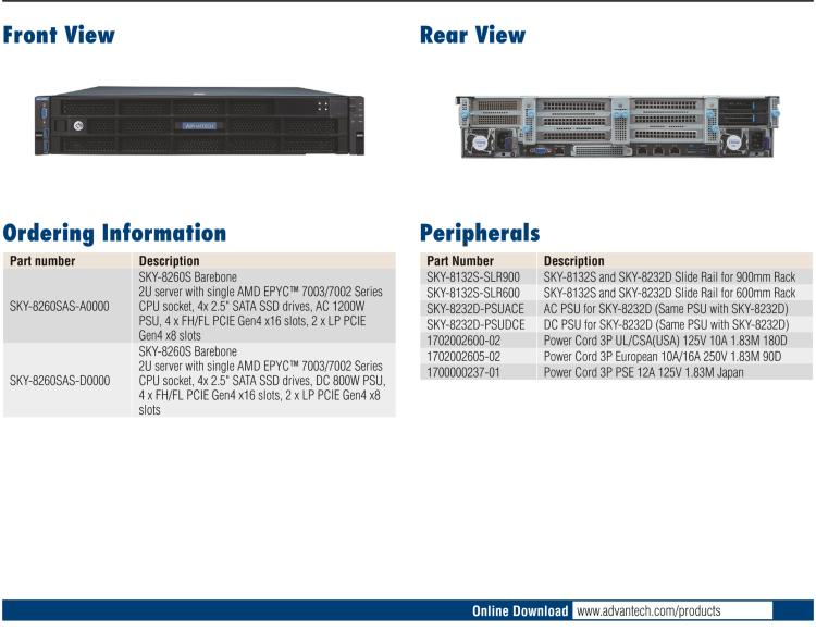 研華SKY-8260S 緊湊型2U 高性能電信級服務(wù)器, 基于AMD EPYC? 7003/7002 系列處理器