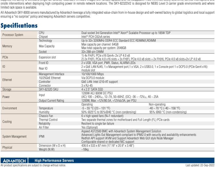 研華SKY-8232DV2 Compact 2U Edge Server based on Dual 3rd Gen Intel? Xeon? Scalable Processors