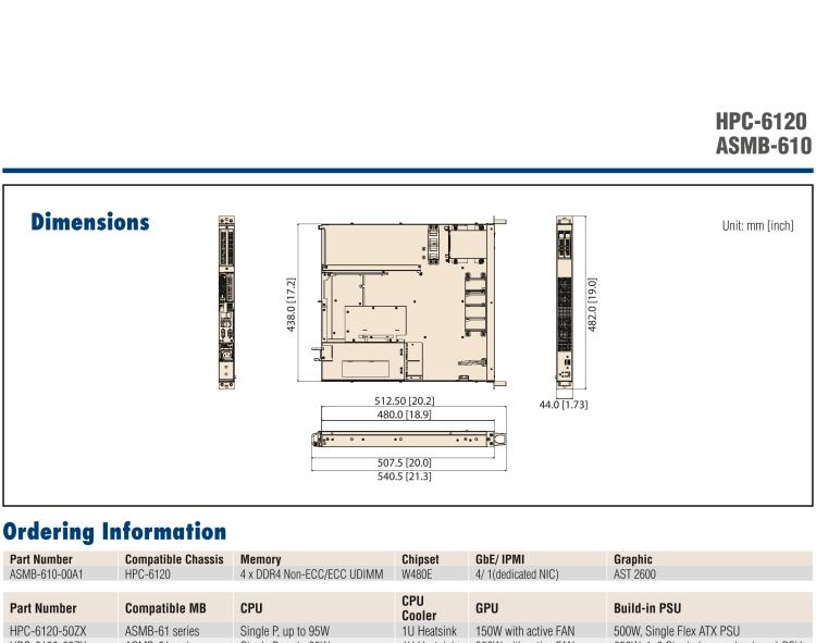 研華HPC-6120+ASMB-610 1U 18" short-depth Edge Accelerator Server with Intel? Xeon? W & 10th Gen. Core? processors, supporting 4 expansion slots