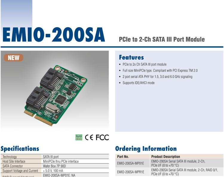 研華EMIO-200SA SATA 端口模塊、2-Ch、PCIe I/F