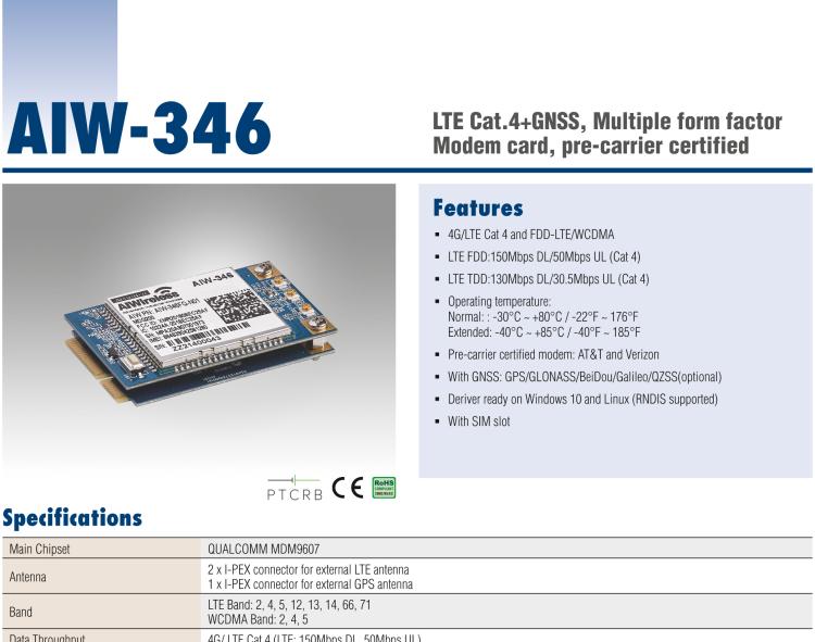 研華AIW-346 預運營商認證嵌入式4G LTE Cat 4調制解調器