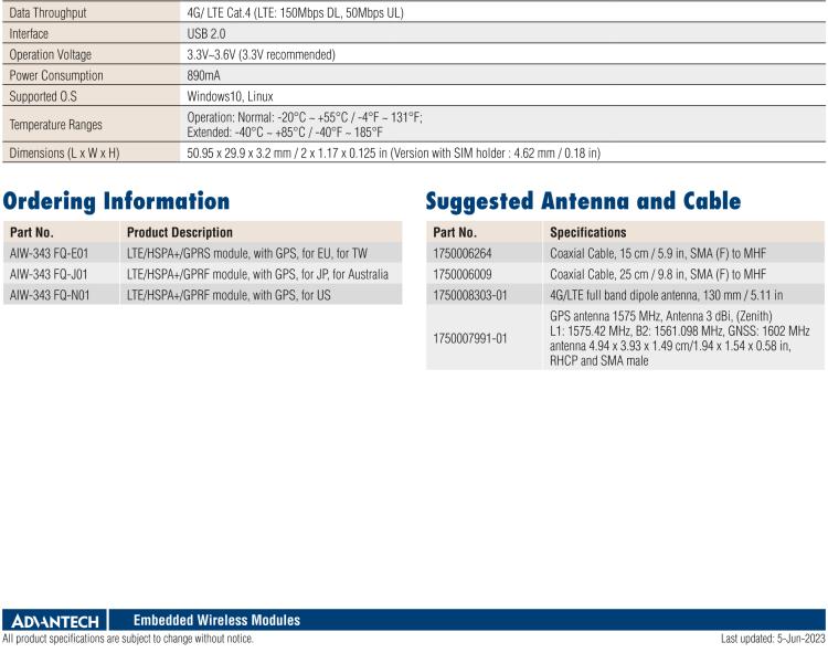 研華AIW-343 4G模組，使用MINI-PCIE規(guī)范接口，支持4G LTE CAT4：TDD LTE/FDD LTE/WCDMA/GSM和GPS。