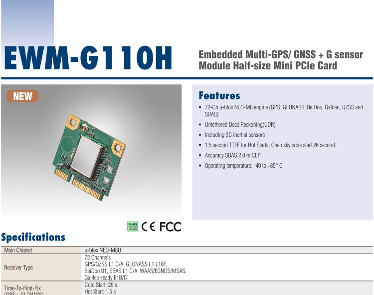 研華EWM-G110 Multi-GNSS (GPS、GLONASS、BeiDou、Galileo、QZSS 和 SBAS) +G-sensor 半尺寸 Mini PCIe 卡