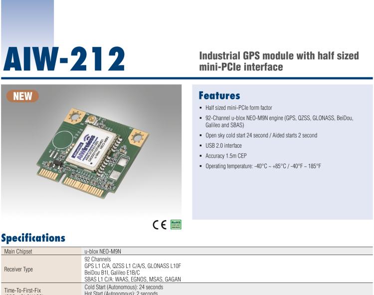 研華AIW-212 工業(yè)級 GNSS（GPS、GLONASS、BeiDou、Galileo、QZSS和SBAS）模塊，半尺寸 mini-PCIe 規(guī)格。