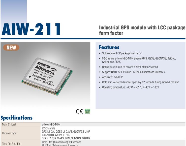 研華AIW-211 帶郵票型接口的工業(yè)級(jí) GNSS（GPS、GLONASS、BeiDou、Galileo、QZSS和SBAS）模塊。