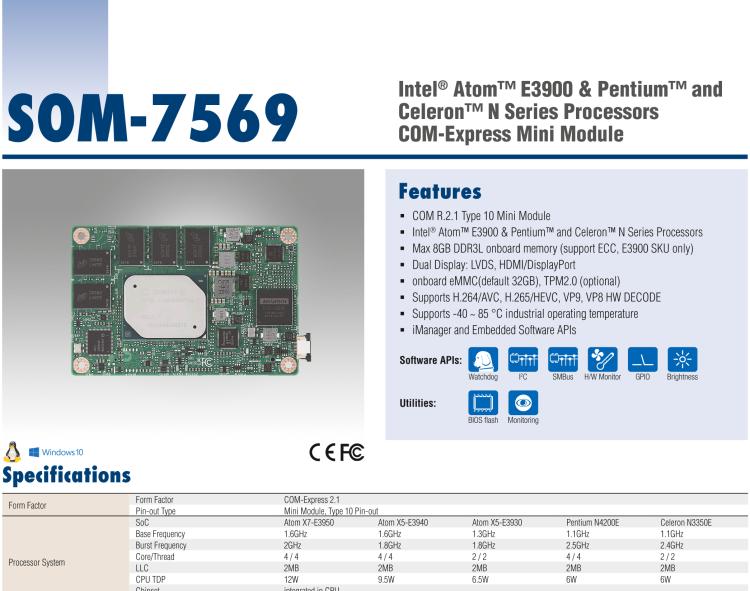 研華SOM-7569 Intel? Atom? E3900 & Pentium? 和 Celeron? N 系列處理器，COM-Express Mini 模塊