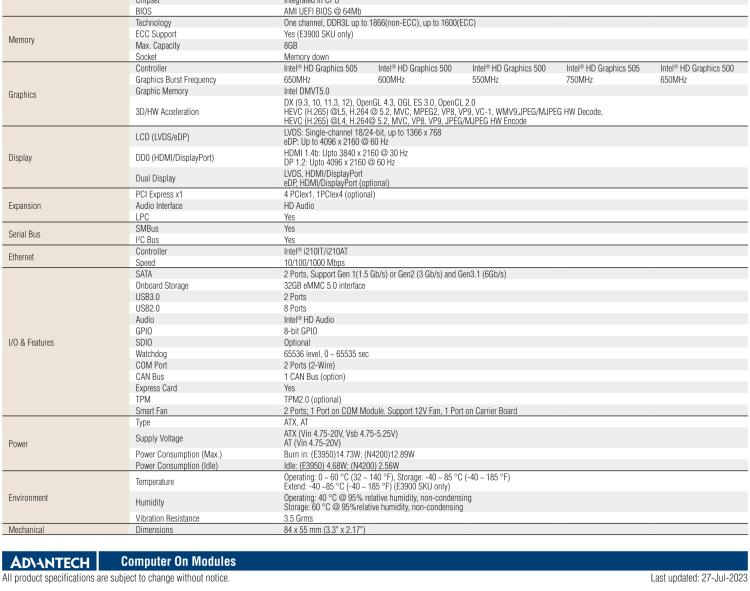 研華SOM-7569 Intel? Atom? E3900 & Pentium? 和 Celeron? N 系列處理器，COM-Express Mini 模塊