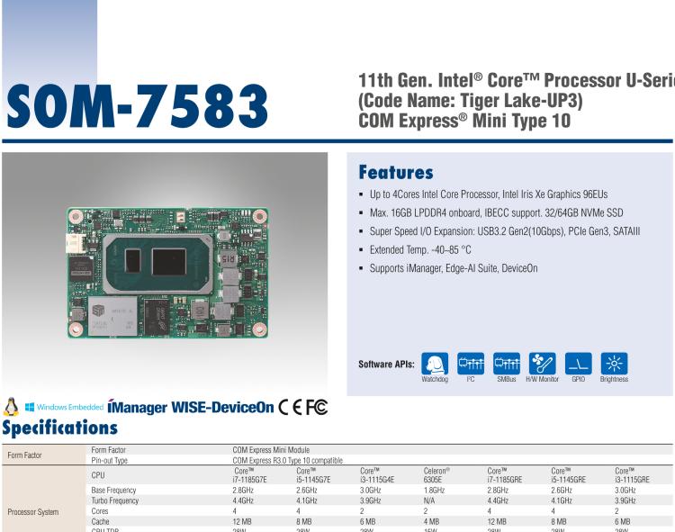 研華SOM-7583 第十一代 Intel? Core U系列處理器，COM Express Mini Type 10 模塊