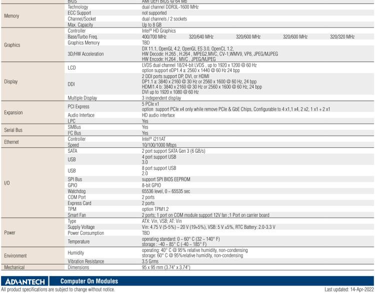 研華SOM-6868 Intel? Pentium?/Celeron? N3000 系列和 Atom ? SoC，COM Express Express Type 6 模塊