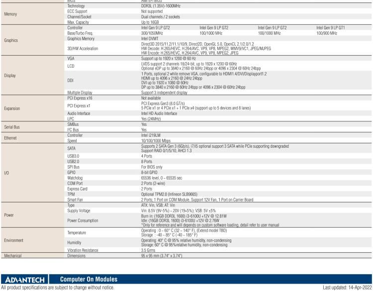 研華SOM-6897 第六代 Intel Core/Celeron 處理器COM Express Compact Module Type 6