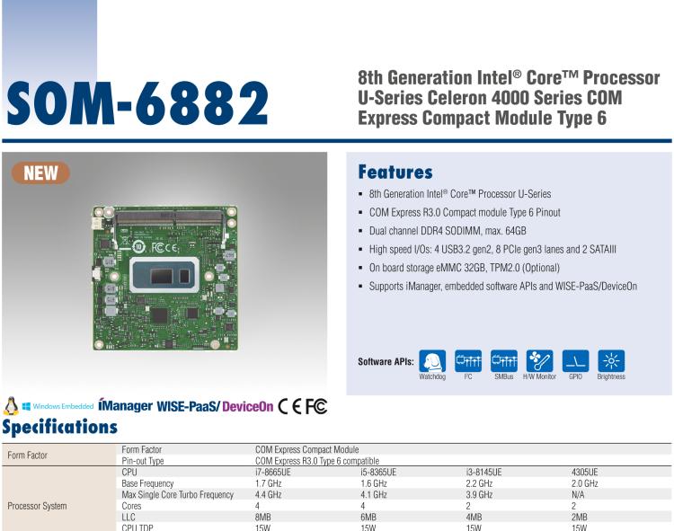 研華SOM-6882 第八代 Intel?Core 處理器，COM Express Compact R3.0 Type 6 模塊