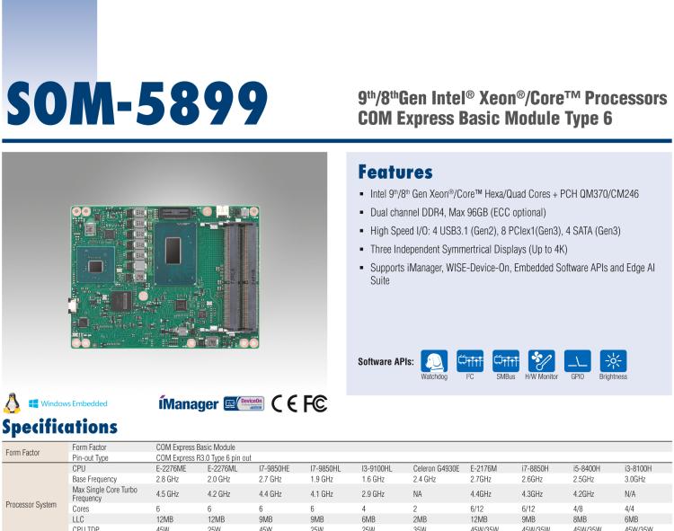 研華SOM-5899 第八代Intel Xeon/Core 處理器， COM Express Basic Type 6 模塊