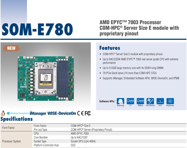 研華SOM-E780 AMD EPYC? 7003 COM-HPC? Server Size E 模塊，具有專有引腳