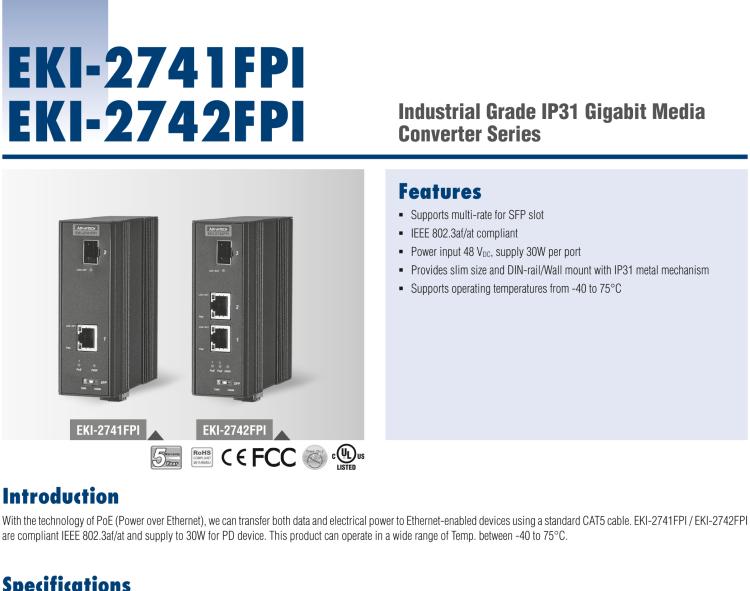 研華EKI-2742FPI 2GE PoE, SFP Injector ,IEEE802.3af/at, 48VDC, -40~75℃