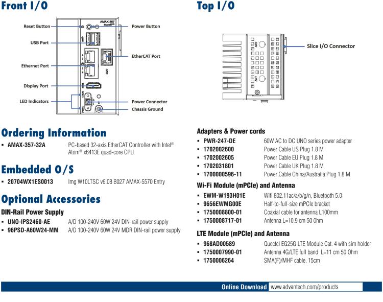 研華AMAX-357 超微型EtherCAT運(yùn)動(dòng)控制器，基于PC架構(gòu)開(kāi)發(fā)，配置了Intel Atom處理器，具有64GB eMMC、2 x LAN、2 x USB和Slice IO擴(kuò)展