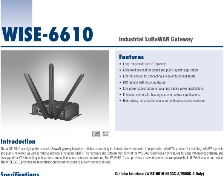 研華WISE-6610-A100C Hardened LoRaWAN 8-Channel Cellular Gateway AS 923 MHz - Support 100 nodes