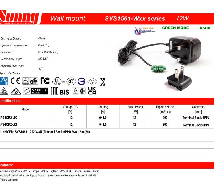 研華RPS-ICR2-UK Wall Power Supply, ICR-2000, v2i, UK plug, 1.5 m