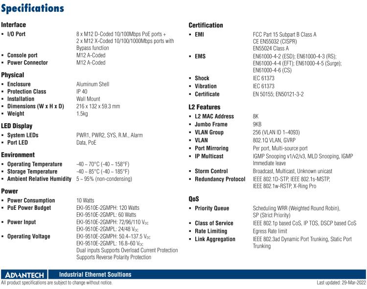 研華EKI-9510E-2GMPH 10個(gè)百兆M12 POE端口網(wǎng)管EN50155交換機(jī)， 支持72/96/110 VDC供電