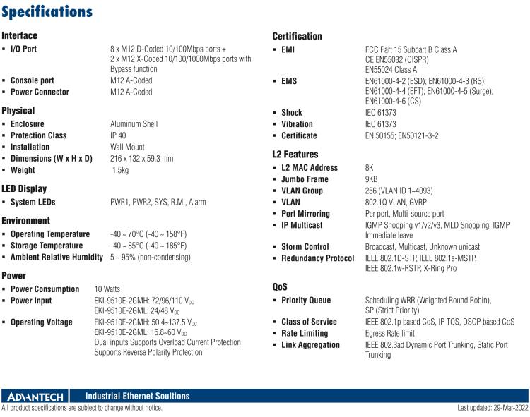 研華EKI-9510E-2GMH 10個百兆M12端口網(wǎng)管型EN50155交換機(jī)， 支持72/96/110 VDC供電