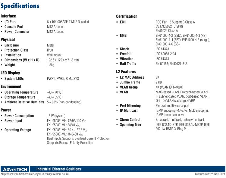 研華EKI-9508E-ML 8個百兆M12端口非網(wǎng)管EN50155交換機(jī)， 支持24/48 VDC電