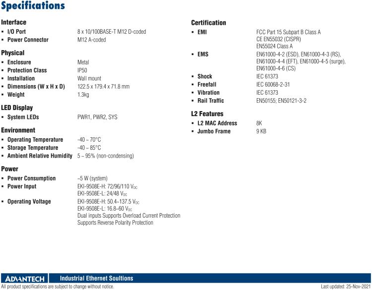 研華EKI-9508E-H EN50155 Unmanaged Ethernet Switch with 8FE, 72-110 VDC