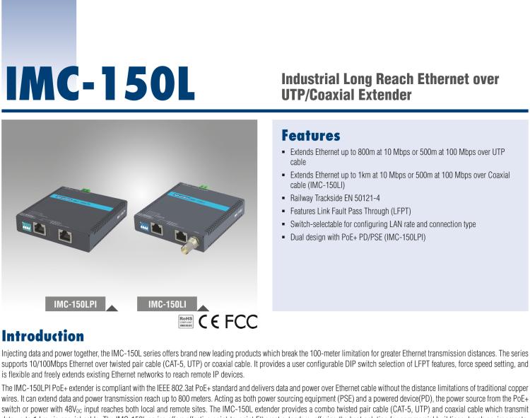 研華IMC-150LPI Hardened PoE Long Reach Ethernet Extender, UTP