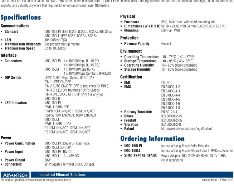 研華IMC-150LPI Hardened PoE Long Reach Ethernet Extender, UTP