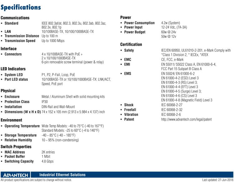 研華EKI-5624PI 4FE PoE and 2G Unmanaged Ethernet Switch, IEEE802.3af/at, E-Mark, 12V~24VDC, -40~75℃