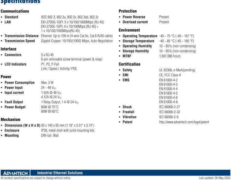 研華EKI-2705G-1GPI 4GE PoE+1GE, Unmanaged Ethernet Switch, IEEE802.3af/at, 24~48VDC, -40~75℃