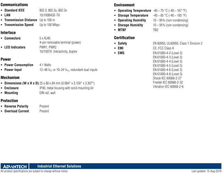 研華BB-ESW105-A 5FE Slim-type Unmanaged Industrial Ethernet Switch with Low VAC Power Input