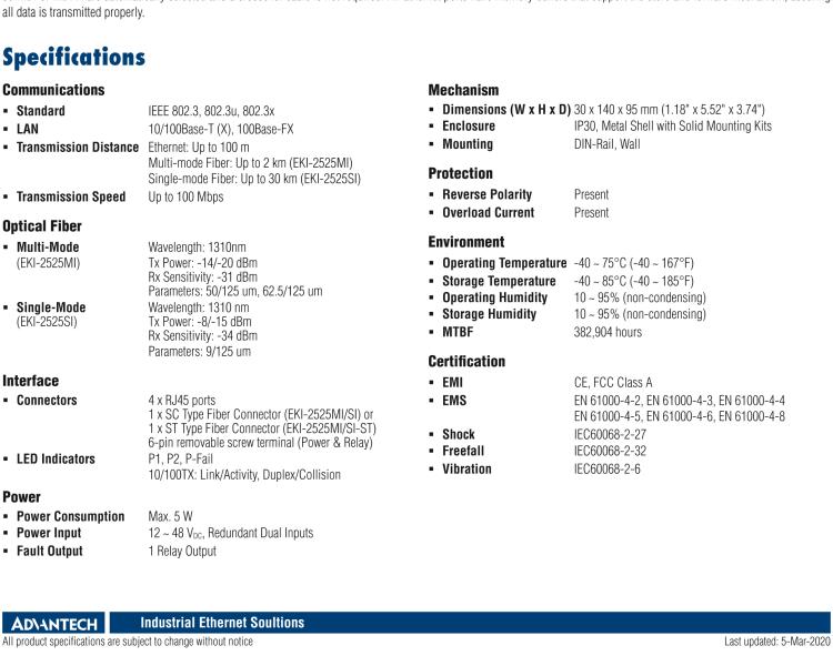 研華EKI-2525MI-ST 4FE+1FE ST Multi-mode Unmanaged Ethernet Switch, -40~75℃