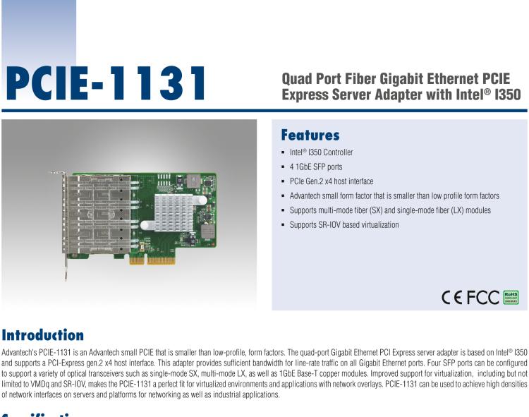 研華PCIE-1131 Quad Port Fiber Gigabit Ethernet PCIE Express Server Adapter with Intel? I350 (Advantech form factor)