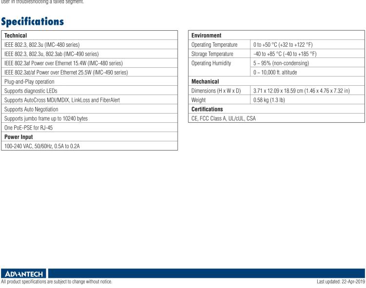 研華IMC-480-SE-US Standalone PoE Media Converter, 100Mbps, Single mode 1310nm, 40km, SC, AC adapter (also known as PoE McBasic 852-11717)