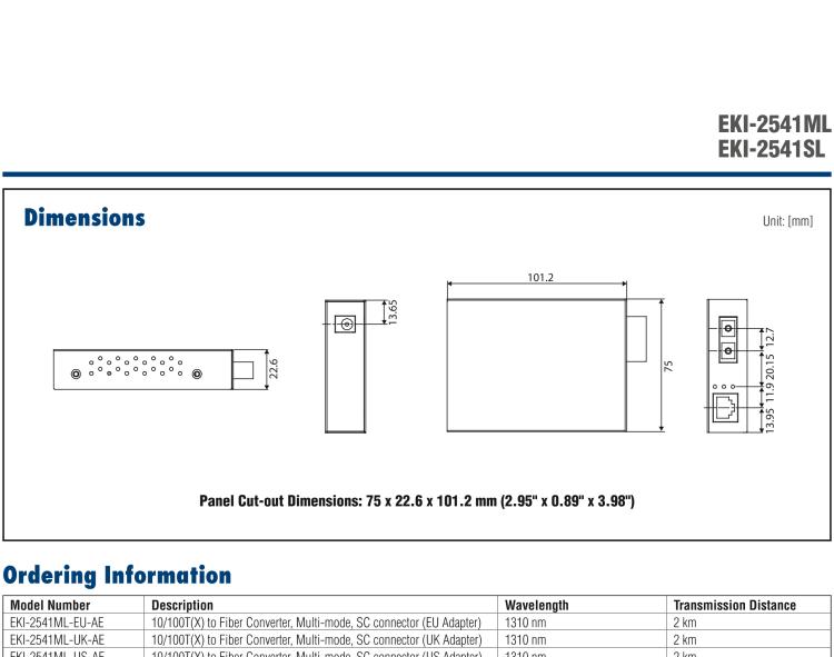 研華EKI-2541SL Media Converter, 100Mbps, Single mode 1310nm, 40km, SC, AC Adapter