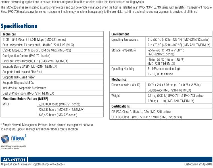 研華IMC-721I-SST Managed Hardened Modular Media Converter, DS1, Single-Strand 1310xmt, 20km, SC (also known as iMcV 850-18122)