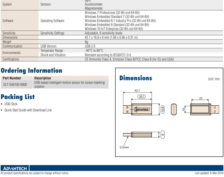 研華DLT-SA6100 USB-Based Digital Smart Motion Sensor For Screen Blanking Solution